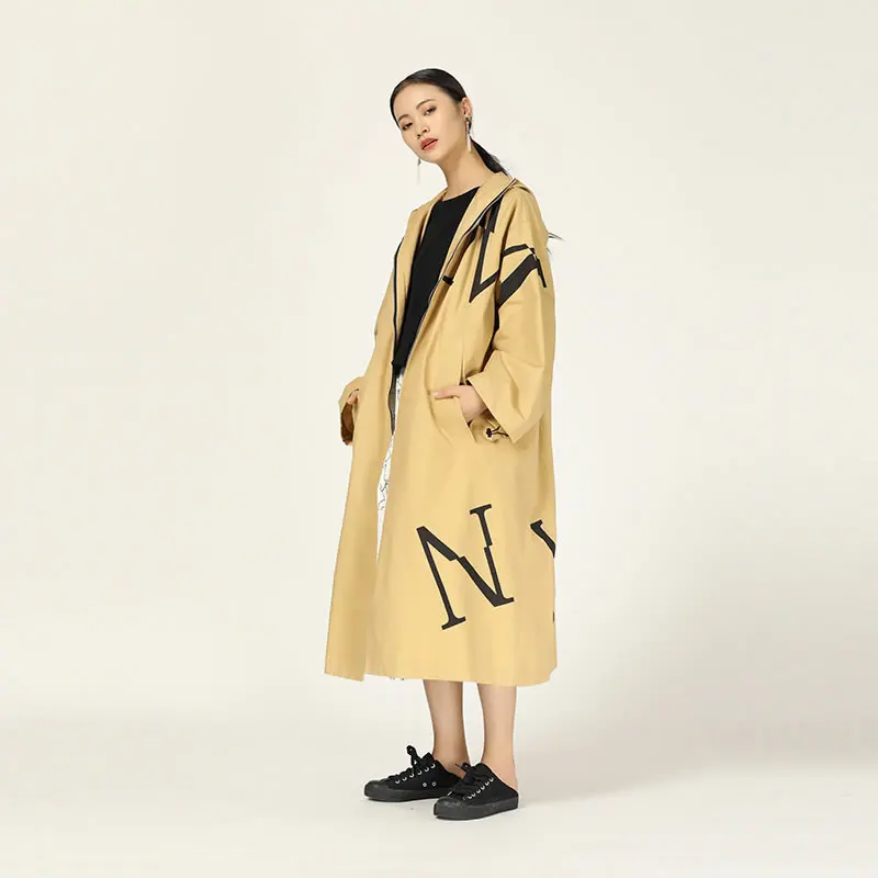 XITAO размера плюс Женский Тренч с буквенным принтом корейская мода широкая талия осень карман с капюшоном воротник длинное элегантное пальто GCC1606