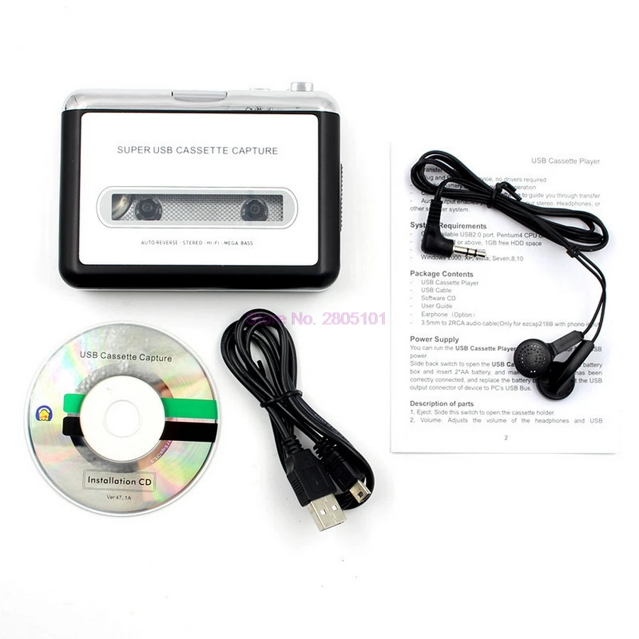 50 sets Tape to PC Super Cassette To MP3 Audio Music CD Digital Tape Player Converter Capture Recorder +Headphone
