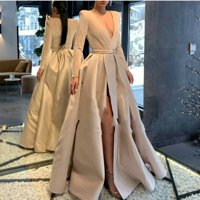 

Khaki Evening Dress Full Sleeves V Neck robe deo soiree longue 2019 Evening Gowns With Sash Formal Dress Sexy Skit abiye