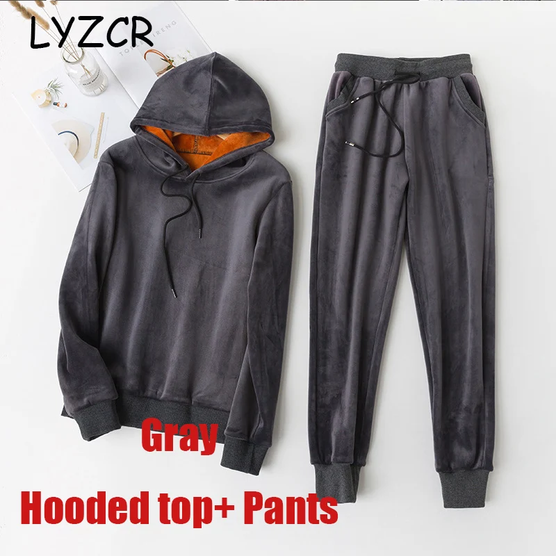 LYZCR, зимний Бархатный спортивный костюм для женщин, комплект из двух предметов, теплый, утолщенный, с капюшоном, Feleece, Толстовка и штаны, 2 шт., комплекты спортивной одежды - Цвет: Gray-hooded