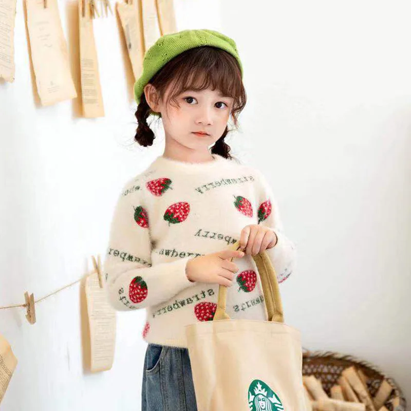 Детский свитер-пуловер в Корейском стиле на осень и зиму, кашемировый свитер с принтом клубника для маленьких девочек