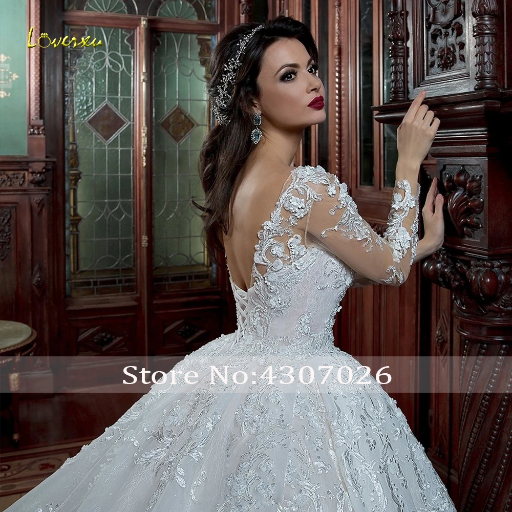 Loverxu Scoop Ball Gown Glitter Wedding Dress Applique Beading Long Sleeve Lace Up Bride Dress Cathedreal Train Bridal Gown