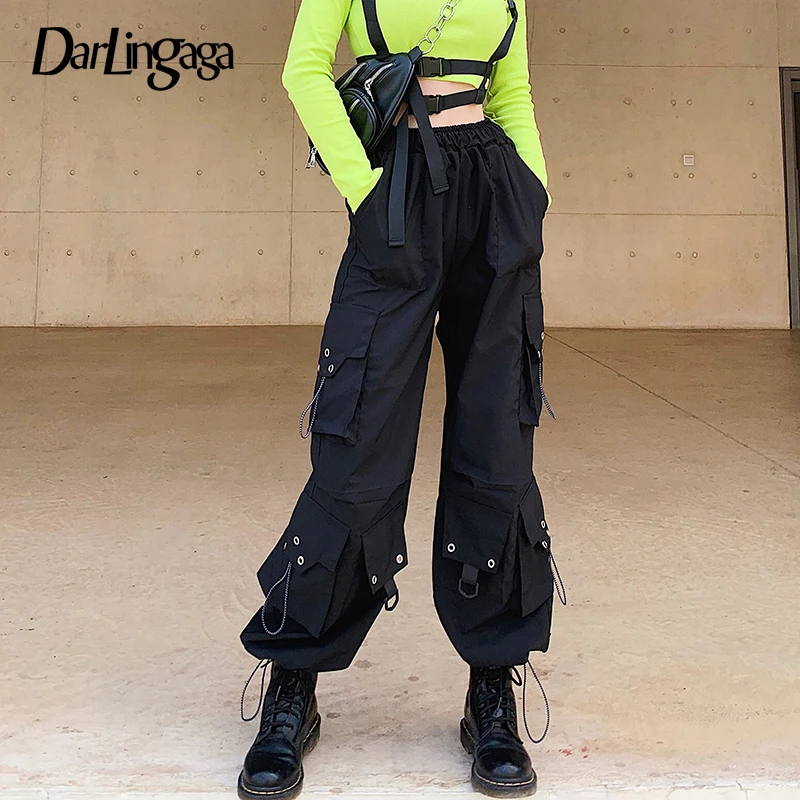 Darlingaga Streetwear Loose Black Cargo Pants Women Drawstring Big Pockets Trousers Baggy High Waist Pants Hip Hop Capri Bottom Darlingaga Streetwear Loose Black Cargo Pants Women Drawstring Big Pockets Trousers Baggy High Waist Pants Hip Hop Capri Bottom