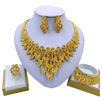 

Gifts for Women African Fashion Jewelry Sets Women Gold Necklace Bracelet Dubai Party Earrings Ring Crystal Jewelry