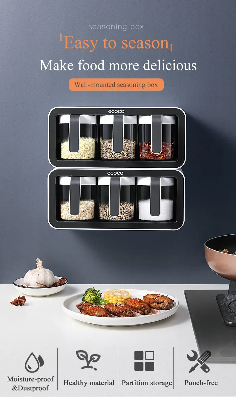 Ecoco Wall Mount Spice Rack Sugar Bowl Salt Shaker Seasoning Container Spice Boxes description image