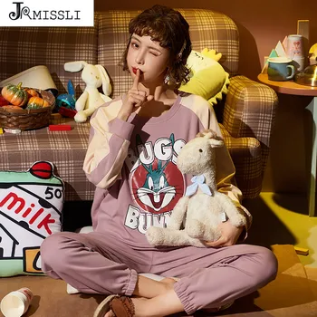 

JRMISSLI Pajamas For Women Spring Autumn Pajamas Set New Cartoon Bugs Bunny Long Sleeve cotton Sleepwear Women Pajamas