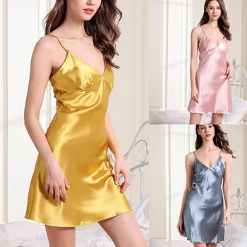

Women's Fashion Sexy Nightdress strap Deep Lace Satin Splice Dress Nightwear Babydoll Summer Lingerie Temptation Pijama L48