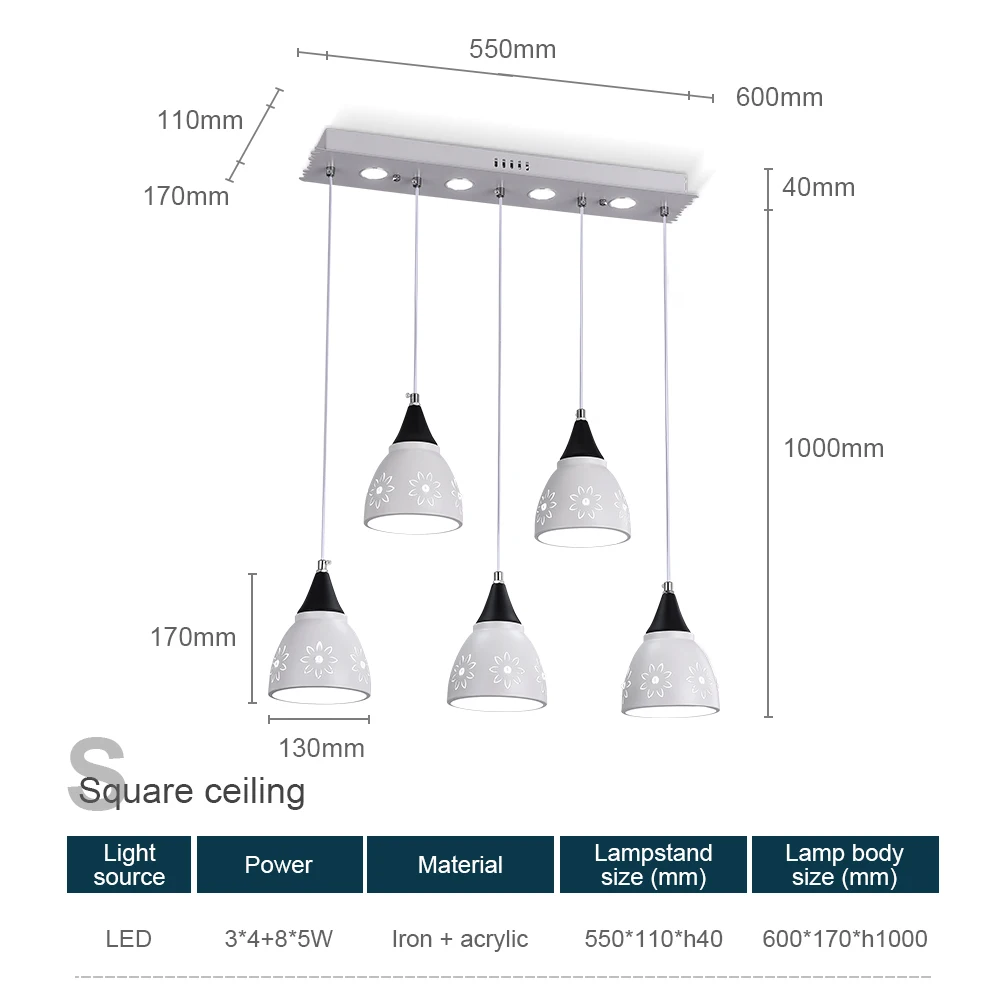 Dingdian LED Modern Pandent Light AC220V Two Light Colors Switch Control Iron Acrylic Round Square Chassis Dining Table Light