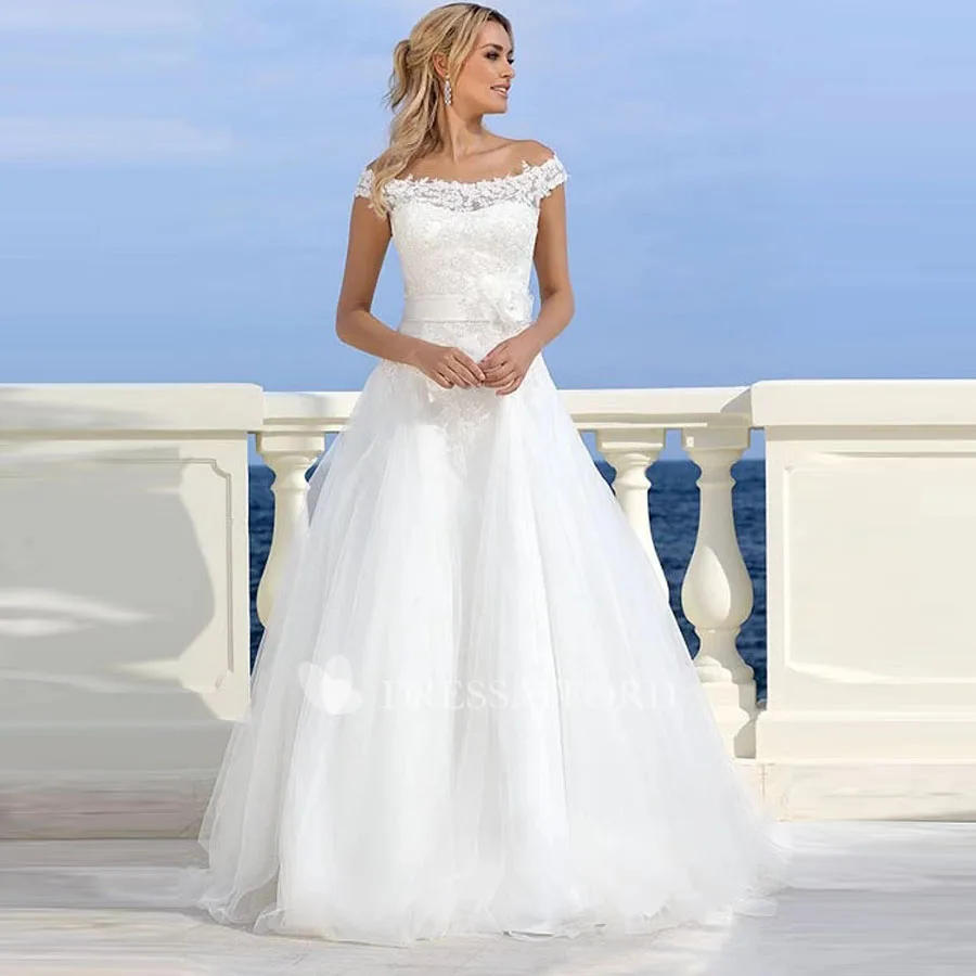 

Off the Shoulder Lace Applique A-line Wedding Dress with Handmade Flowers Belt Button Back Bow Bridal Dress vestido de novia