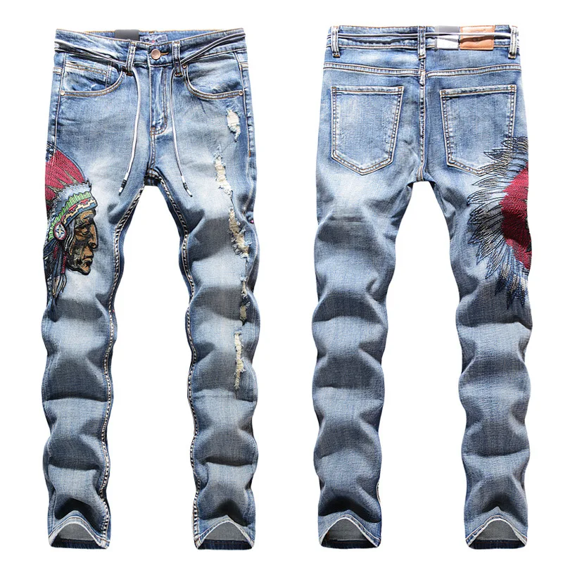 

Men New Hipster Stereoscopic Trendman Skinny Indian Embroidered Hole Jeans With Small Straight Pencil Pants Ripped Trousers
