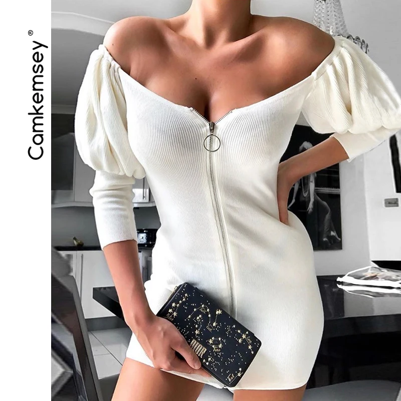 

CamKemsey Elegant Off Shoulder Sheath Party Dresses Women Spring Autumn Long Sleeve Night Club Sexy Strapless Bodycon Mini Dress