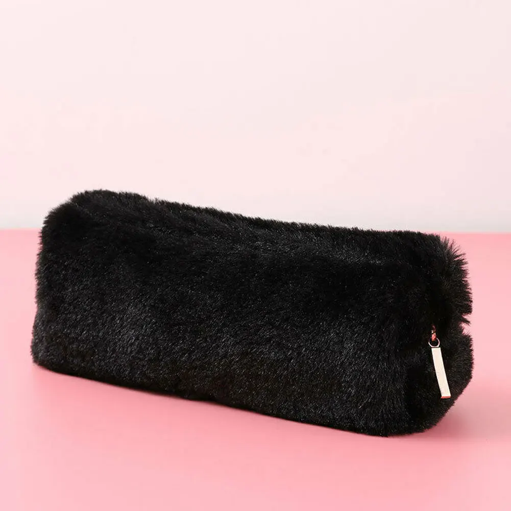 Girl Cute Plush Fuzzy Fluffy Pencil Case Makeup Pouch Coin Purse Storage Bag School Office Storage Solid Cab Plush Pencil Case