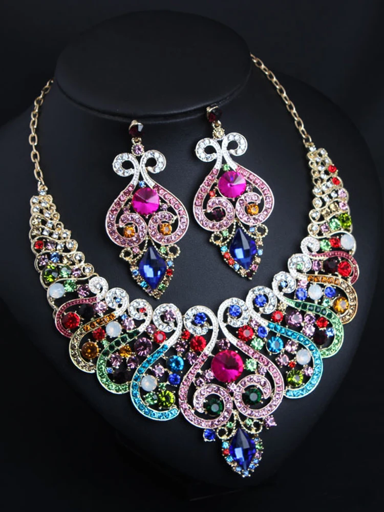 Luxury Rhinestone Crystal Earrings and Necklace Costume Bridal Jewelry Sets N3U6 