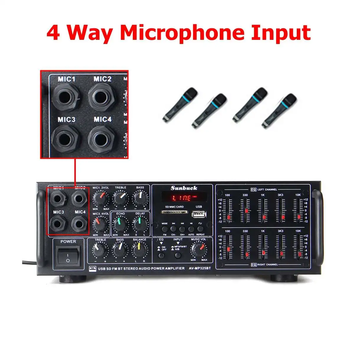 2000W 110-240V bluetooth Power Amplifier System Sound Audio Stereo Receiver Support USB FM SD bluetooth 4 MIC Input