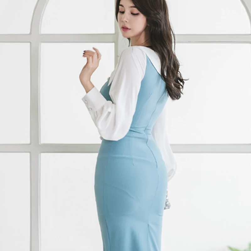 H Han queen элегантное лоскутное облегающее платье-футляр для женщин осеннее двубортное платье-карандаш новинка OL одежда для работы Vestidos