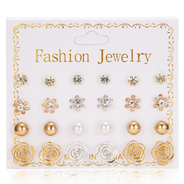 Pairs Stud Earrings Set for Women Statement Heart Star Snowflake Flower Crystal Pearl One Week Minimalist Set of Earrings Gift