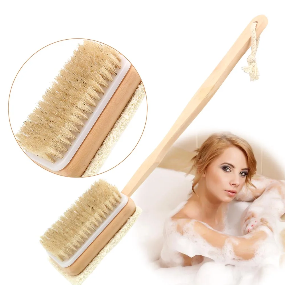 

Loofah Bristle Both Side Bath Brush Wooden Handle Body Back Cleaning Brush Massage Shower Skin Cuticle Grease Remove