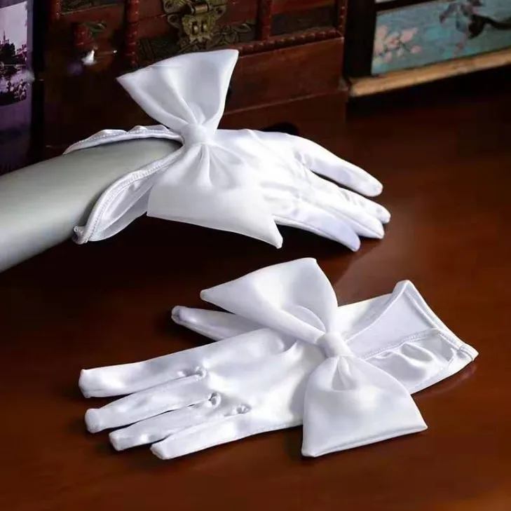 

White or Ivory Bridal Gloves bow Finger Short Cheap Wedding Gloves Accessories Wrist Length Wedding Finger Party Cosplay Gloves