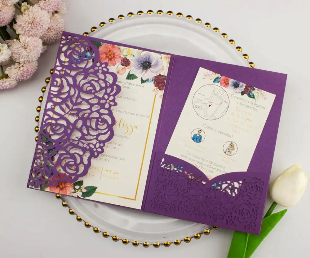 Прямая 50X Золотой/белый лазерный разрез с розами трехкратные свадебные пригласительные открытки персонализированные карманные пригласительные индивидуальные RSVP - Цвет: dark purple