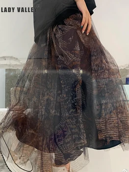 

Free shipping Vintage printed multilayer overlay mesh skirt ladies spring and summer new A word swing style wild temperament