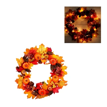 

60Cm Maple Leaf Pumpkin Berry Wreath Halloween & Christmas Door Home Decor Led Lights/ 60Cm