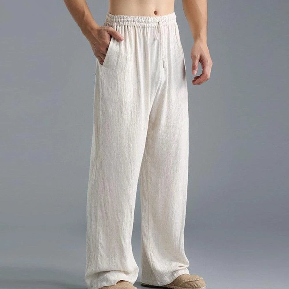 Plus Size Men Cotton Linen Long Pants Elastic Waist Loose Straight Trousers black harem trousers