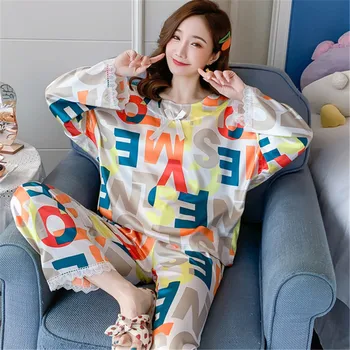 

Silk Pajamas for Women Sleepwear Set Pijama Inverno Feminina Letter Print Home Clothes for Women Pyjama Satin Pigiama Donna