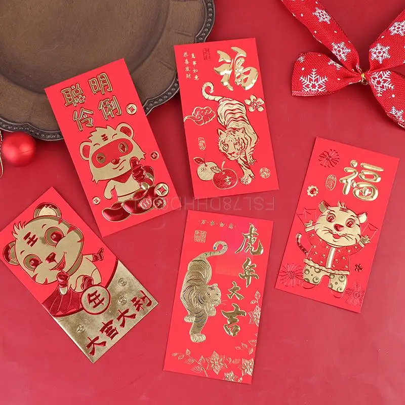 6Pcs/Set 2022 Year of the Tiger New Year Red Envelope Traditional Chinese Spring Festival Hongbao for Lucky Money