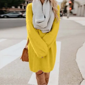 

2020 Women Office Lady Warm Winter Boho Bow Long Sleeve Dress Plus Sizes Stretch Bodycon Plain Tunic Gradie Dresses Robe Femme