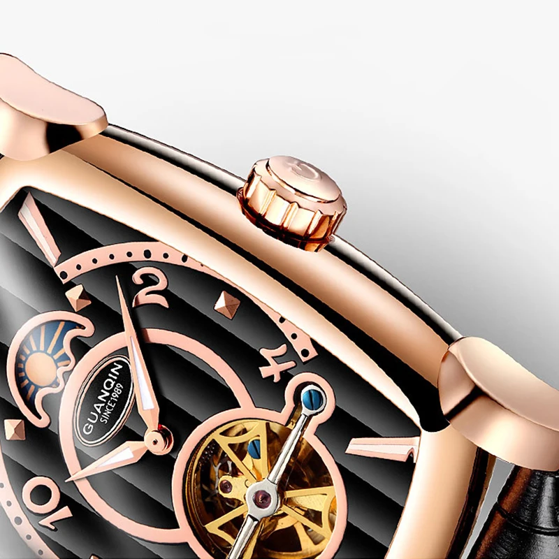 GUANQIN Tourbillon часы Автоматические Брендовые мужские механические роскошные часы Скелет прямоугольник кожа золото мужские часы