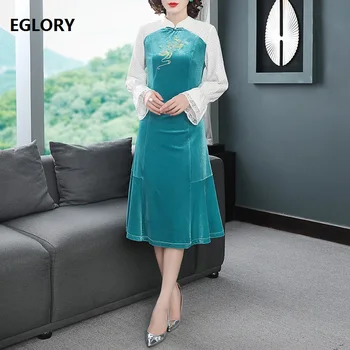 

Top Quality Brand Chinese Dress 2019 Autumn Winter Women Polka Dot Print Patchwork Flare Sleeve Mid-Calf Blue Velour Dress Femme