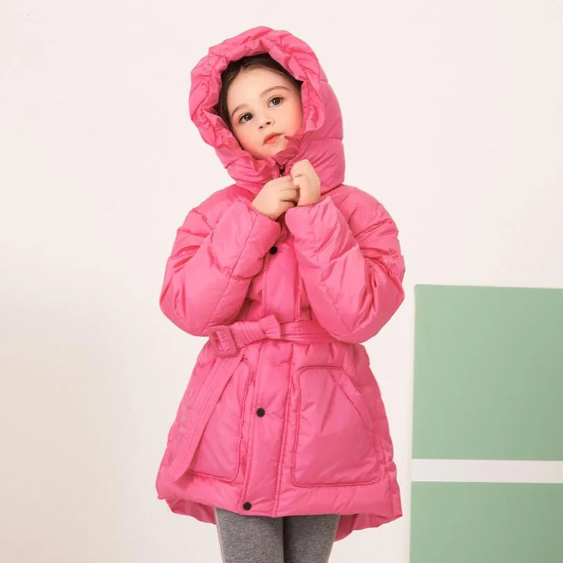 rose red Коллекция года, зимний детский пуховик с капюшоном модная теплая верхняя одежда для девочек Детский пуховик Modis для холодной погоды, Y2056 с поясом - Цвет: rose red