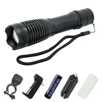 

Powerful XM-L T6 LED Flashlight Adjustable Focus 18650 Torch Zoomable 5 Modes Self Defense Lantern with Charger+Bike Clamp