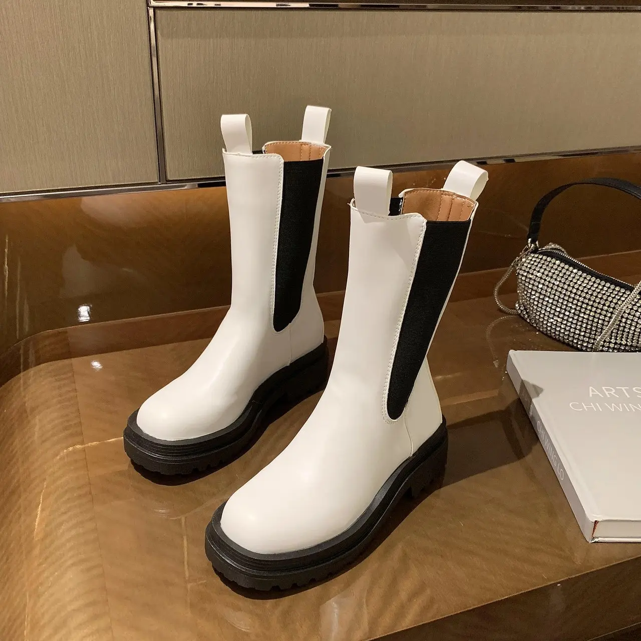 New Fashion Women's Boots Slip on Ankle Mid Calf Boot PU Leather Comfor Sexy Outdoor Ladies Shoes Non Slip Soft Footwear Woman