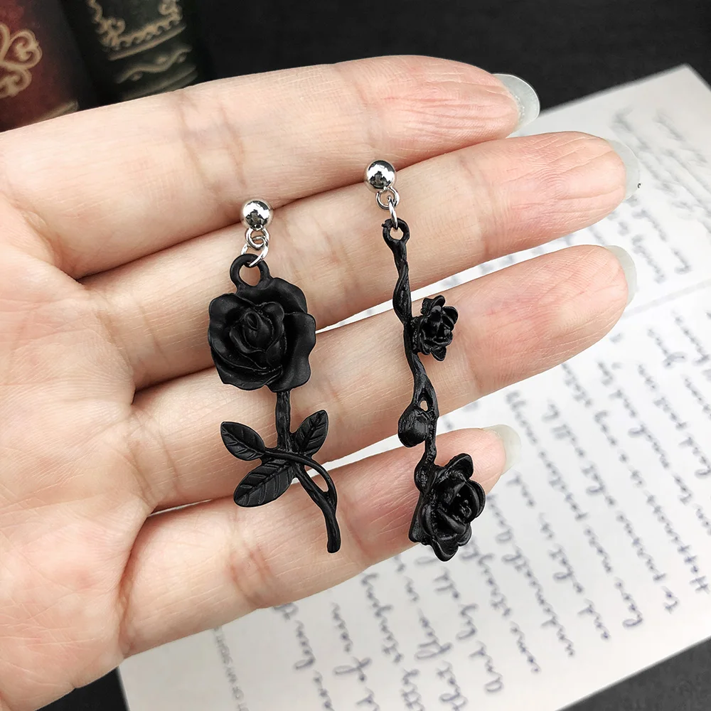 Gothic Jewelry Ornament Dark Goth Black Briar Rose Ear Stud Unglazed Club Rock Hip-Hop Asymmetry Dangle Earring | Украшения и