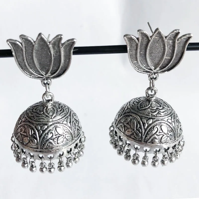 BOHO Ethnic trendy Round big tassel statement vintage star earrings for women Indian cute sliver Jhumkas flower female jewelry
