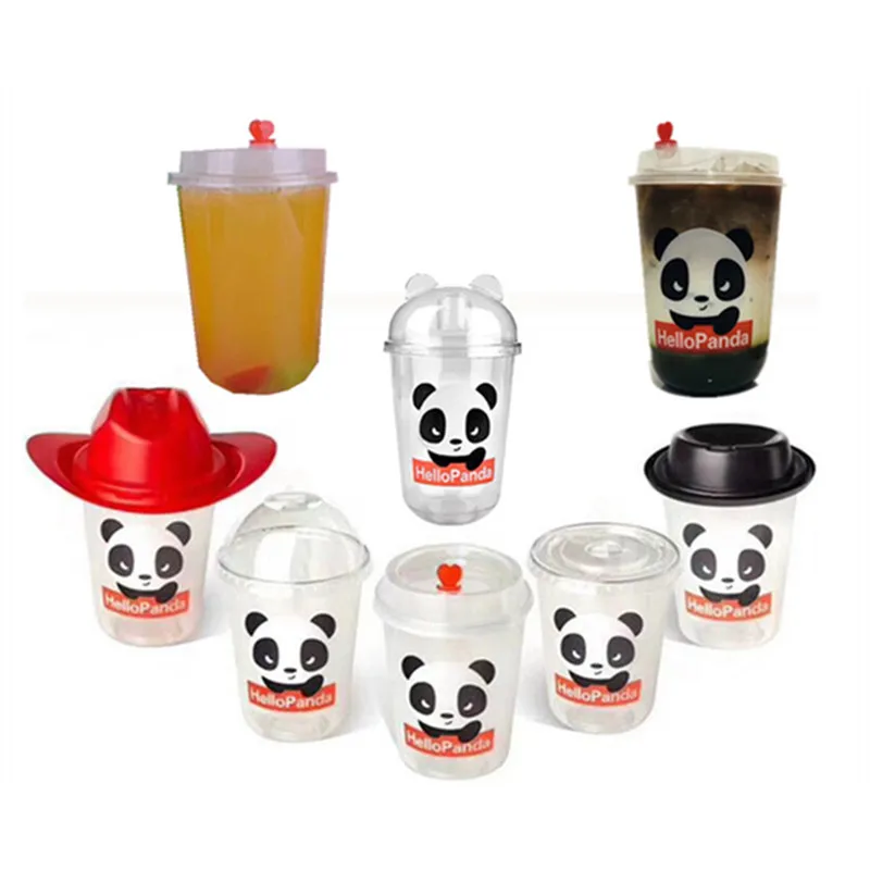 

50pcs Cartoon creative panda transparent disposable cups 500ml PET plastic cup party birthday favor beverage cup with lid