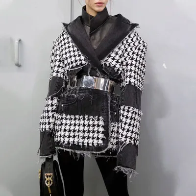 tweed blazer Повседневный твидовый блейзер Feminino, модный твидовый джинсовый пиджак с вышивкой и поясом Jassen Chamaras Mujer - Цвет: tweed blazer