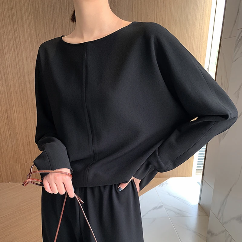 TWOTWINSTYLE однотонный Повседневный Женский комплект из двух предметов с круглым вырезом, длинным рукавом, высокой талией, широкими штанинами, женские костюмы, модная Осенняя Новинка