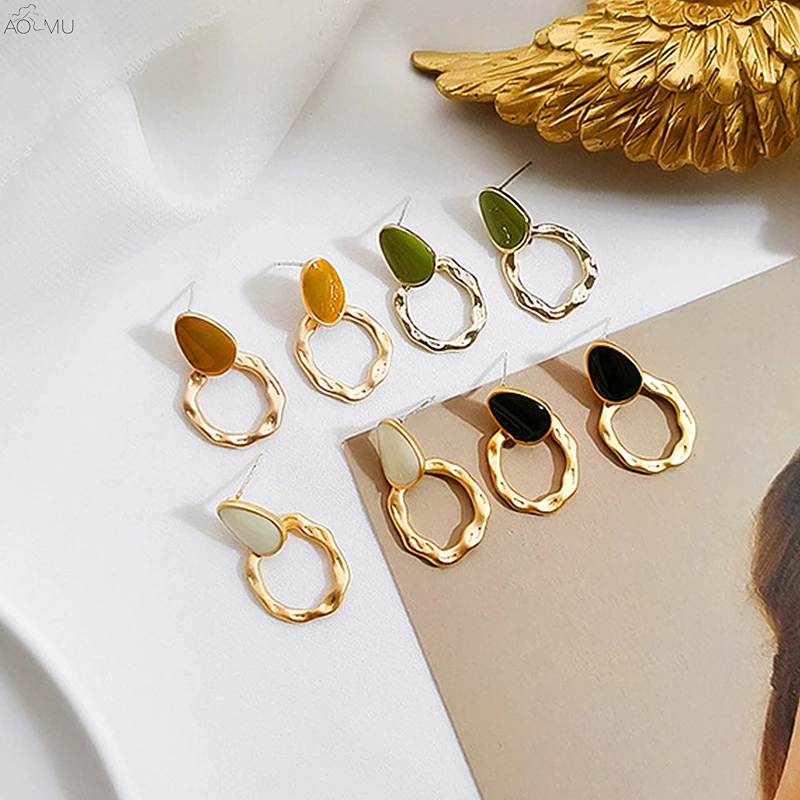 AOMU корейский Morandi цвет эмаль нерегулярные круглые полые витые Матовые Круглые серьги-гвоздики для женщин Простые трендовые Ювелирные изделия Brinco