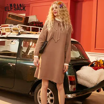 

ELFSACK Black Solid Bow Neckline Preppy Knit Dress Women 2020 Spring Khaki Patchwork Ruched Sleeve Ladies Korean Daily Dresses