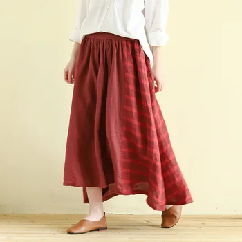 

2020 New Summer Artsy Panelled linen plaid skirt elastic waist Pocket skirts