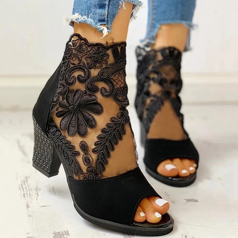 Весенние женские туфли-лодочки из сетчатой кожи, с цветочным узором, на Высоком толстом каблуке, в полоску, на платформе, на молнии, с открытым носком; женская обувь без застежки; Zapatos De Mujer