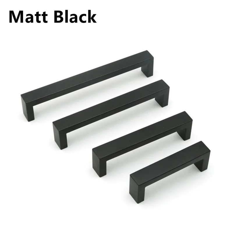 Black Cabinet Handles 10mm*20mm Square Bar Stainless Steel Kitchen Door Knob Furniture Drawer Pulls CC96mm~224mm