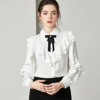 

Sweet Pink Lolita Retro Ruffles Silk Blouses Tie Spring Long Sleeve White Office Ladies Tops Elegant Vintage Loose Women Shirt