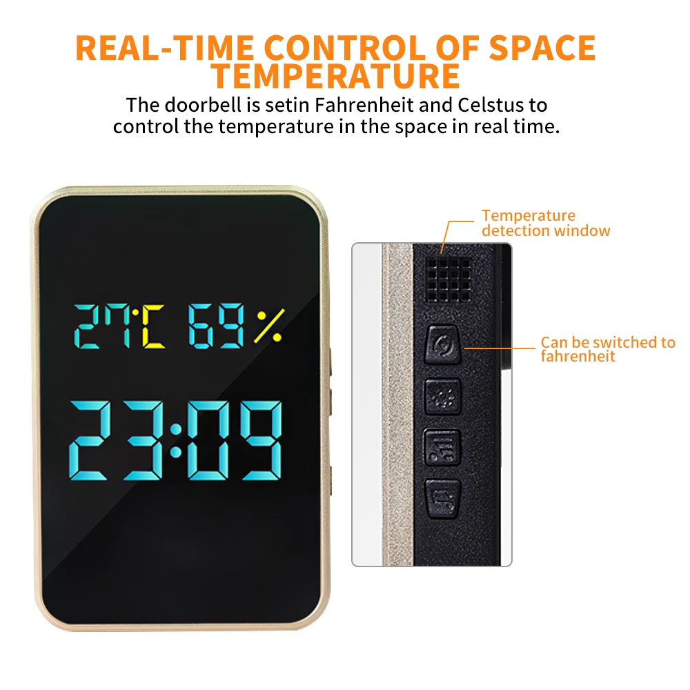 Smart Wireless Digital Doorbell Self Generating Time Temperature Humidity Display Intelligent with Rings for Home Office aiphone intercom
