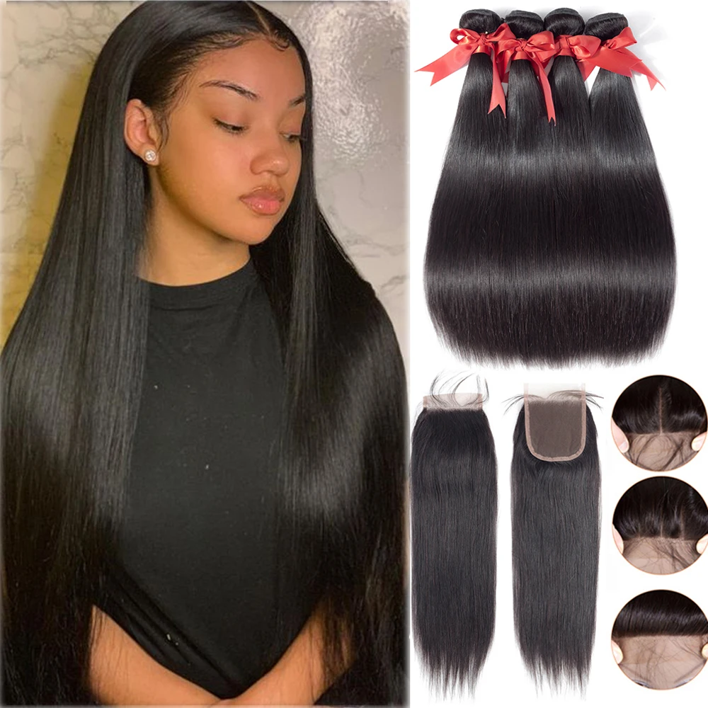 Beaudiva-mechones rectos con cierre, extensiones de pelo ondulado mechones brasileños con cierre, extensiones de cabello humano mechones con cierre, extensión de cabello