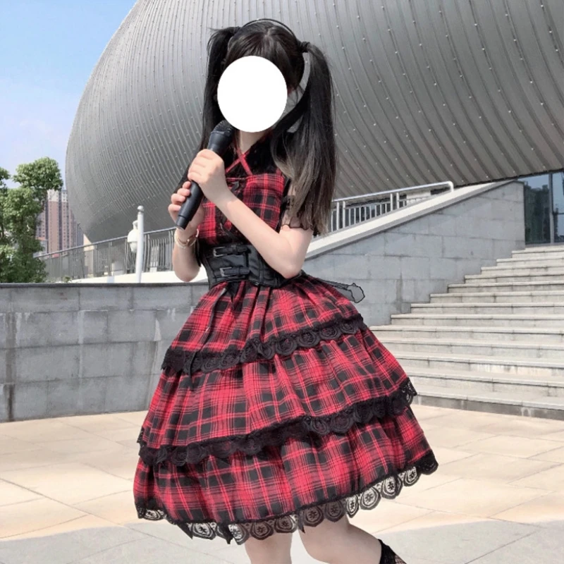 

Origional Lolita Japanese Song-Promotion Costume Plaid High Waist Cake JSK Strap Full Body Dress Girl's Summer lolita dress