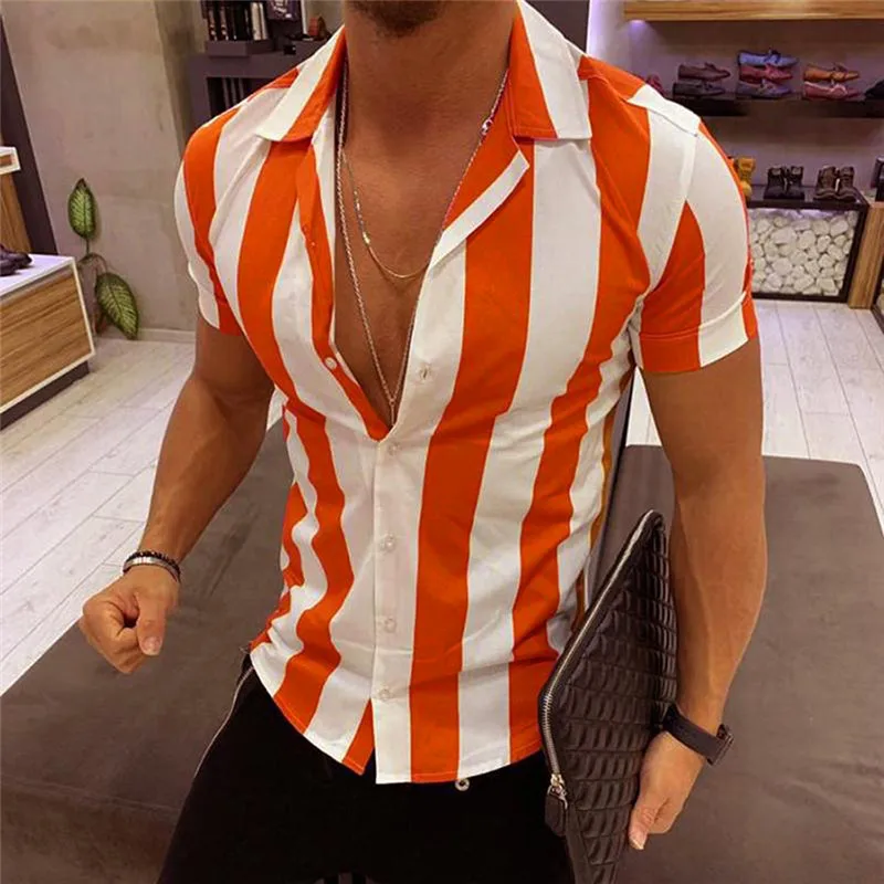 Модные мужские рубашки Повседневное черно-оранжевый в широкую полоску рубашка поло Для мужчин короткий рукав блузка Для мужчин летние мужские повседневные Рубашки, Топы