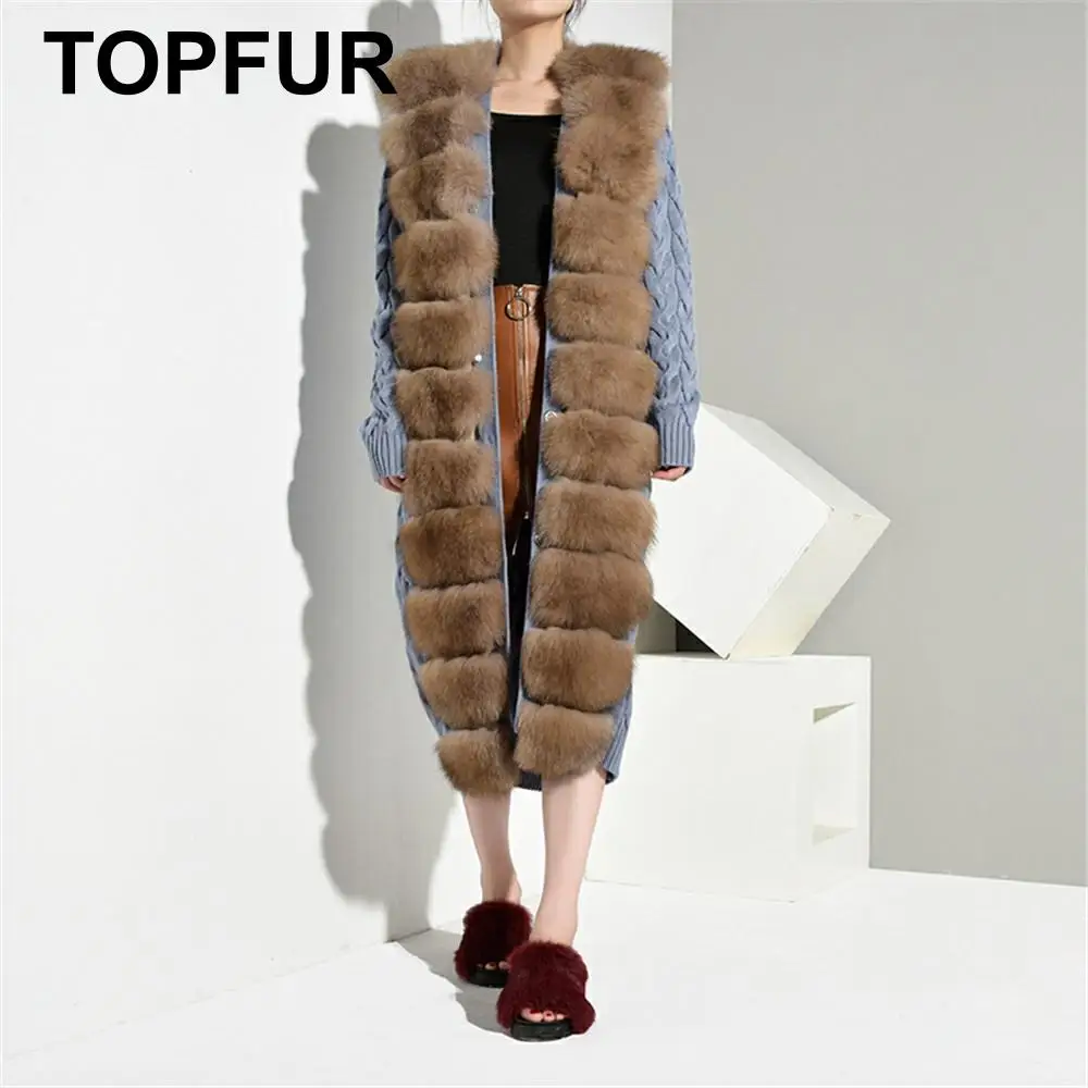 Женское трикотажное пальто с поясом TOPFUR Коричневое Пальто из натурального